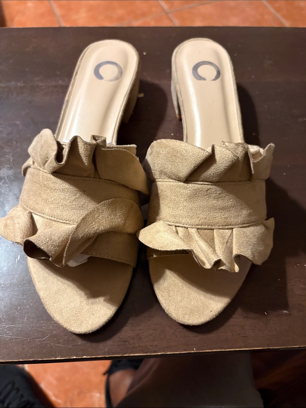 Ruffled Slide Sandals in Tan Suede